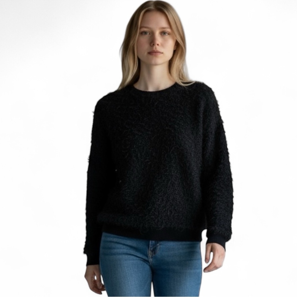 Alice + Olivia Fuzzy Black Sweater Wool Alpaca Mohair Banded Cuffs & Hem Size XS